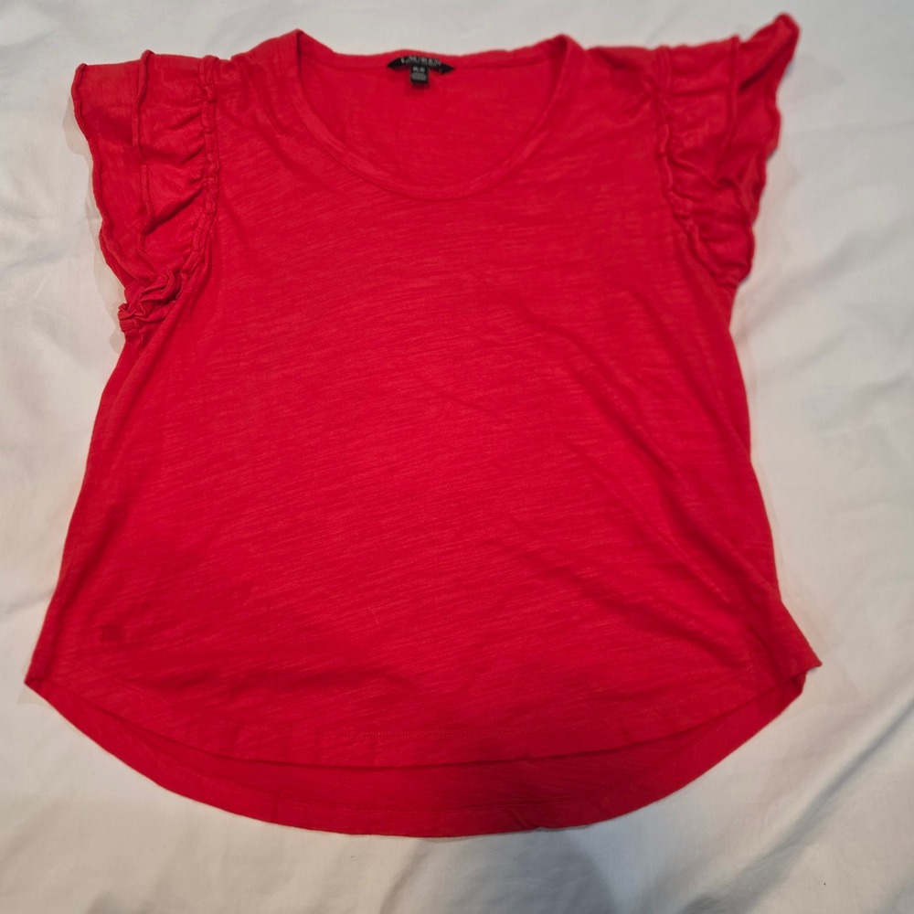 Lauren Ralph Lauren Ruffle Sleeve Top Womens PL Red Excellent Cotton Slub